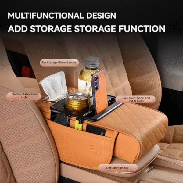 Multifunctional Car Armrest Cushion with Dual Cup Holders and Storage